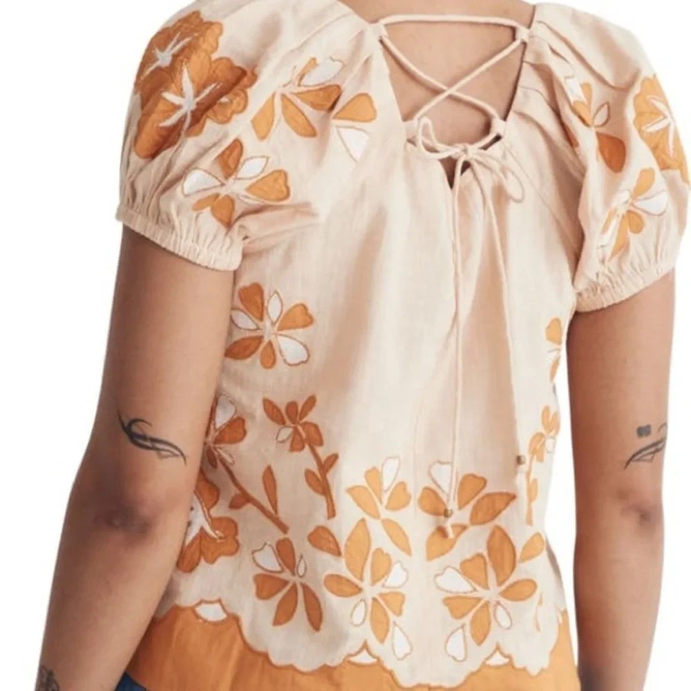 Madewell Embroidered Flower Puff Sleeve Cotton Lace-Up Back Top Plus Size 1X - Picture 11 of 13